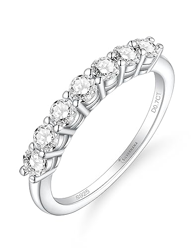 SILVERNANA Moissanite Wedding Band Sterling Silver Rings with 18K Gold Plated 7-Stones Stackable Rings 0.7ct D Color VVS1 Half Eternity Rings for Women, White Gold Sterling Silver, Moissanite