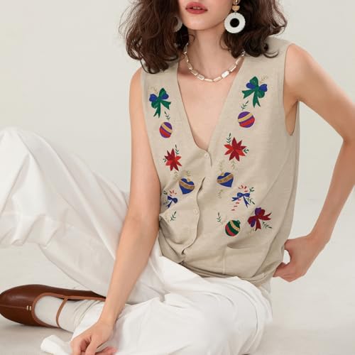 Image of KMBANGI Women Christmas Button Sweater Vest Embroidery Sleeveless Cardigan