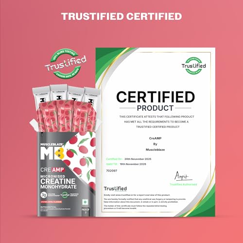 Image of MuscleBlaze Micronised Creatine Monohydrate CreAMP Powder, 7 Sachets | Lychee Swirl | Trustified Certified Creatine