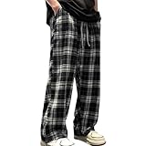 HAOLEI Plaid Pyjama Bottoms Men - Men's Checkered Pj Bottoms Wide Leg Elastic Waist Plaid Trousers Baggy Elasticated Waist Lounge Pants Flannel Pajama Pants with Pockets Black