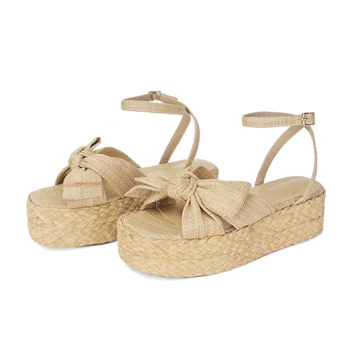 Image of DOEYG Raffia Platform Sandals for Women Comfortable Casual Adjustable Buckle Strap Summer Open Toe Woven Slingback Beach Sandals