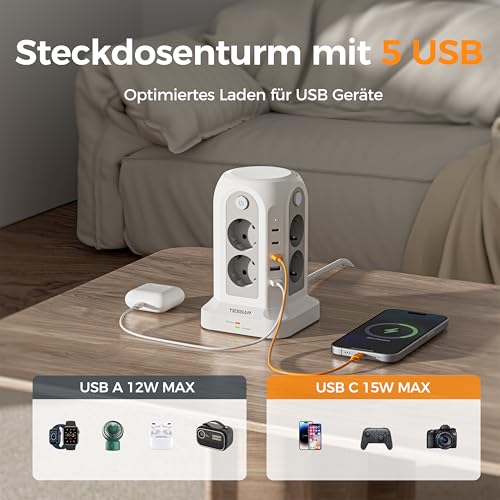 TESSAN Listwa zasilająca z 8 gniazdami USB C, listwa zasilająca z 4 pojedynczymi przełącznikami, przedłużacz 2 m, gniazdo rozdzielające, z ochroną przed przepięciem