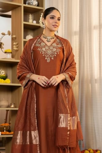 Image of Klosia Women Embroidery Solid Straight Kurta and Pant Set with Dupatta