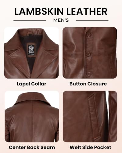 Image of Blingsoul Men's Leather Car Coat - Genuine Lambskin Long Leather Jacket for Men, Real Leather Coat with Lapel Collar
