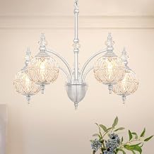 Vintage Brushed Nickel Chandelier - Adjustable Height Dining Room Light Fixture with Handcrafted Blown Glass - 5-Light G9 Base, Ideal for Kitchen, Entryway, Enhances Luxury Home Decor for Discerning