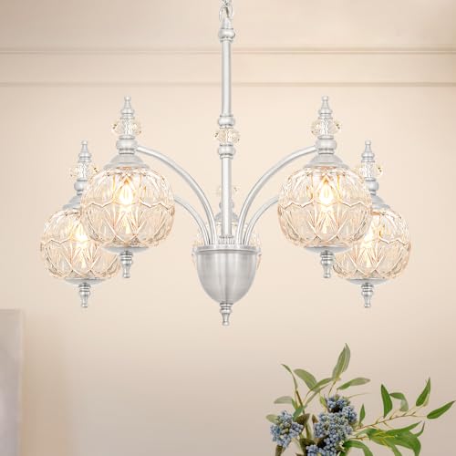 Vintage Brushed Nickel Chandelier - Adjustable Height Dining Room Light Fixture with Handcrafted Blown Glass - 5-Light G9 Base, Ideal for Kitchen, Entryway, Enhances Luxury Home Decor for Discerning