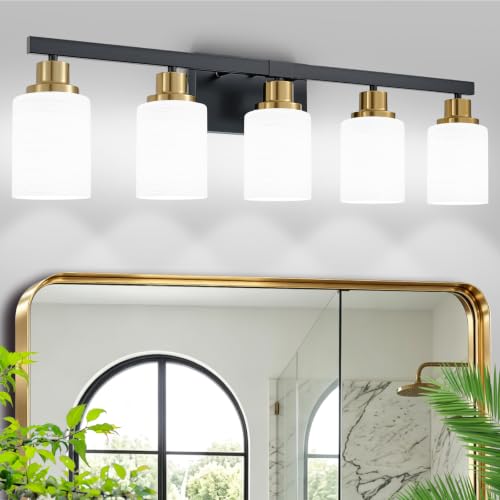 Image of Bathroom Vanity Light 5-Light Vanity Lighting Black and Gold 30in | White Frosted Ribbed Glass Shade Black and Gold Wall Light Fixture Bathroom Light Fixtures with for Mirror Restroom E26 Base