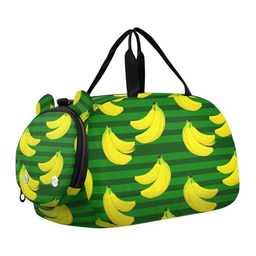 Banana Green Stipe Kids Travel Duffel Bag for Boys Girls Overnight Weekend Tote Bag with Shoes Compartment for Beach Swim Trip
