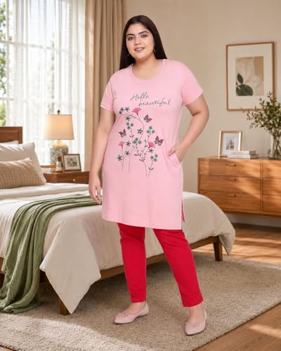 Image of In Love Women's Printed Cotton Plus Size Longline T-Shirt with Pockets | Cotton fabric - soft longline T-shirt with easy plus-size fit