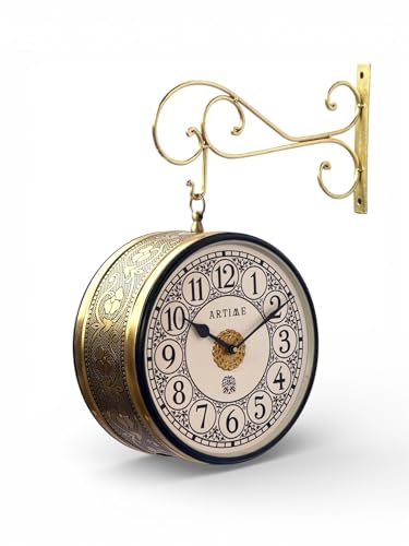 Image of Handcrafted Double Side Metal Analog Vintage Wall Clock | 1.5 Year Machine Warranty | 10 INCHES | 1 Side Number 1 Side Roman,Color Golden