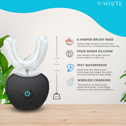 Image of V-WHITE Adults Auto Brush Ultrasonic U-Shaped Toothbrush - 360 Teeth Cleaning, Hands-Free Electric Autobrush - Gum Protection, Waterproof IPX7, Wireless Charging