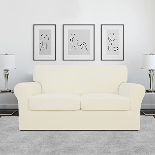 Image of Easy-Going Stretch Oversized Loveseat Couch Cover for 2 Cushion Washable | Sofa Slipcover for Stretch 2 Separate Sectional Cushion Couch - Furniture Protector for Pets, Kids Ivory