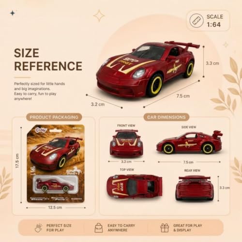 Image of 1:64 Scale Red Die Cast Metal Sports Car Model Toy Premium Collectible Miniature Replica with Realistic Detailing, Smooth Free Rolling Wheels for Display, Collection and Gift