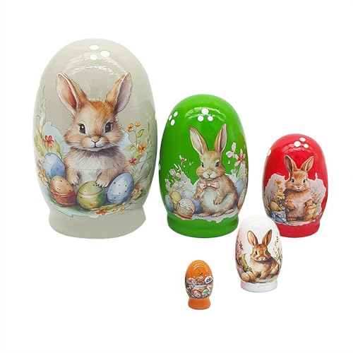 Russian Nesting Dolls,Handmade Wooden Rabbit Bunny Nesting Dolls Set for Easter Birthday Gift Home Decoration,Spring Themed Table Decorations,Set of 5...