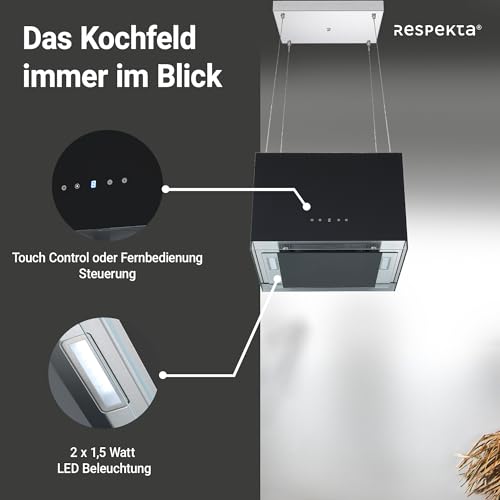 Dunstabzugshaube Inselhaube 50 cm freihängend Designhaube Schwarz Touch Respekta