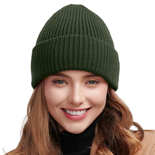 vidsel 50% Wool Thick Beanie Hat for Men Women Seamless Winter Knit Skull Cap Cuffed Fisherman Beanie Warm Trawler Watch Cap Green