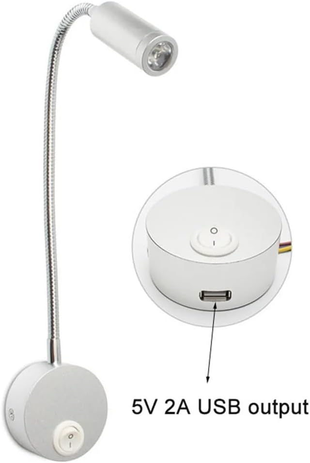 USB Charging Port Black Silver White Led Reading Light 3000K 4000K 6000K 3W LED USB Gooseneck Wall Lamp for Hotel Home Bedside(White 3000K)