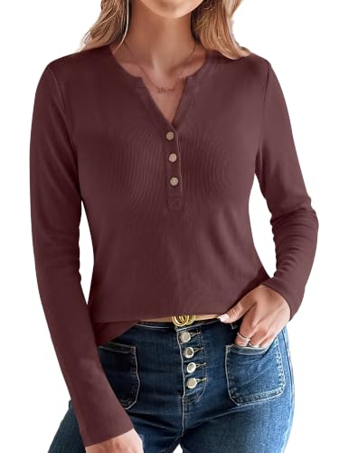 ANRABESS Womens Long Sleeve Shirts Henley V Neck Thermal Top Dark Red XXL