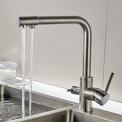 Mélangeur de cuisine avec robinet filtrant et bec rotatif 360 en nickel brossé