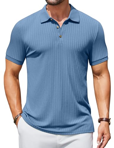 COOFANDY Men's Slim Fit Polo Golf Shirts Short Sleeve Vintage Knit Button Shirts Casual Business Golf Polos Demin Blue