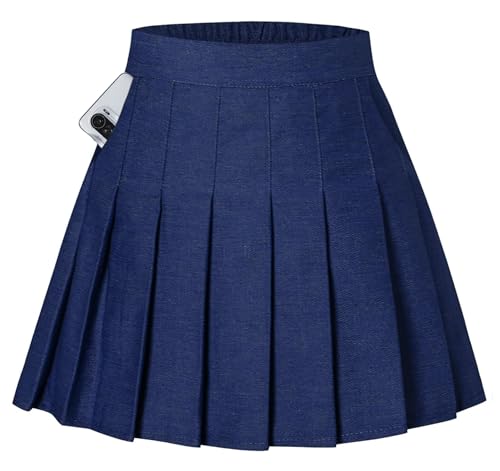 SANGTREE Denim Blue Pockets Pleated Women Skirts, Girl Stretch Jean Navy Plus Size, Elastic High Waist Summer Casual Mini Short Solid Skirts, A Denim Navy Blue, US 2XL