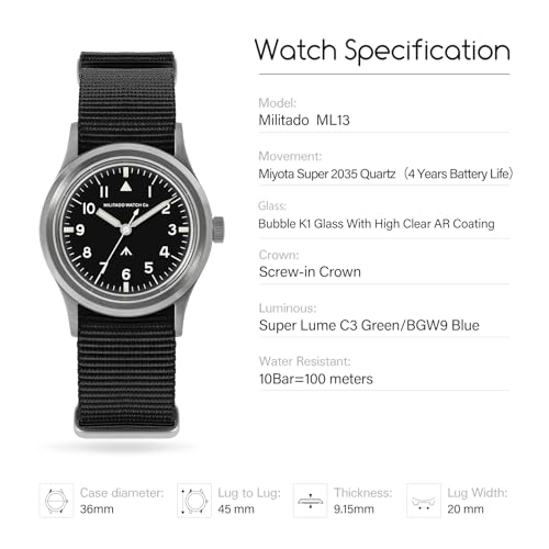 Image of TACTICAL FROG Militado 36mm Field Watch VH31 Japan Movt with Sweep Seconds Military Style Men's Watch with Nylon Strap, 100M Waterproof - ML13 /ML14 Series