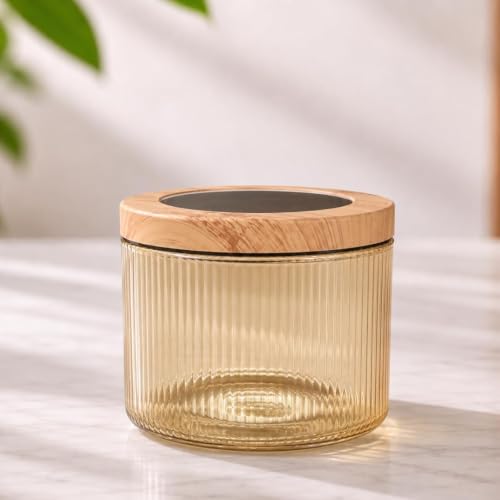 Image of Borosilicate Golden Ribbed Glass Storage Jar Set with Bamboo Tray, Set of 2 (500ml), Airtight Round Glass Containers with Bamboo Lids & Silicone Seal, Dry Fruit Storage Jars for Spices