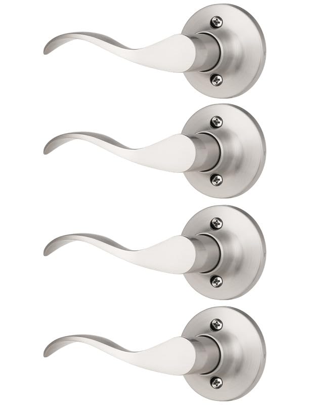Image of Mengico 4 Pack Satin Nickel Dummy Door Lever, Single Left Side Door Handle for Closets, Non-Turning Pull Only Lever Set, Wave Style Interior Door Knob