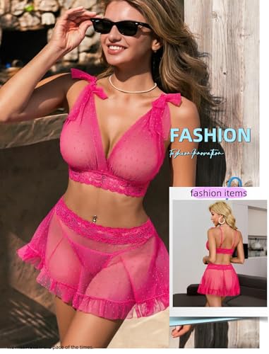 Avidlove Cute Lingerie Set for Women Sexy Lingerie Datting Outfit Polka Dot Lingerie Set Rose Red XL — view 4