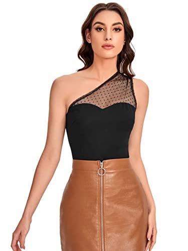 Wdirara Women's Mesh Polka Dot One Shoulder Sleeveless Slim Fit Elegant Top Black M #TOP6