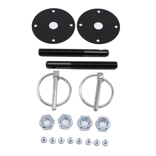 Universal Hood Pin Kit Steel Hood Pin Lock Clip with Racing Lanyard Flip Over Style Clips fits for Chevy Ford Mopar GM Hot Rod Street Rod Drag Racing Race Muscle Car (Black)