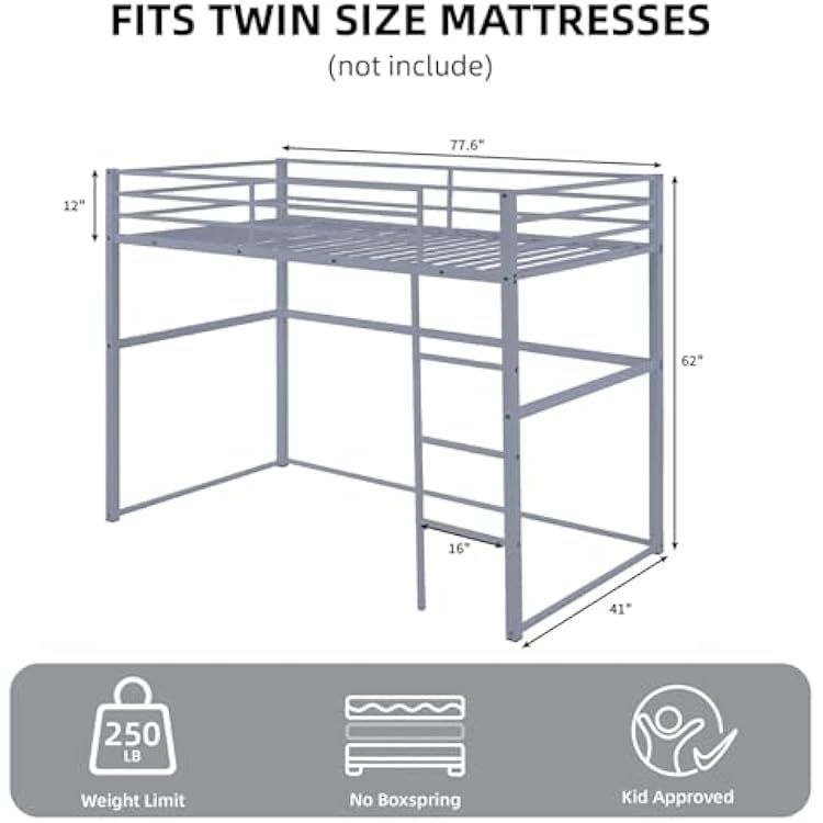 Heavy Duty Metal Loft Bed Frame, Space Saving Loft Bed with Safety Rails & Built-in Ladder for Kids, Teens, Adults, College Dorm, Studio Apartment, (Gray, Twin)