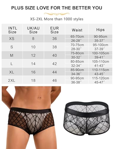comeondear Erotik Boxershorts Herren PU Leder Sexy Dessous Reizwäsche Männer für Sex Gay Wetlook Unterwäsche Transparent Mesh Große Größen Kunstleder Unterhosen mit Bulge Sissy Höschen Schwarz,M
