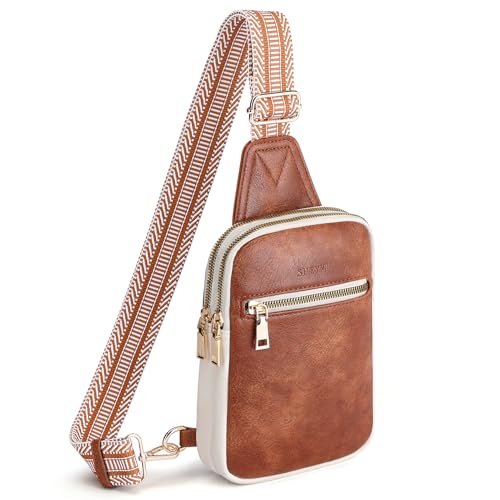 Shevvi Small Sling Bag Crossbody Bags for Women, Fanny Pack Crossbody Purse for Women Trendy, Leather Chest Bags for Travel, Beige Brown