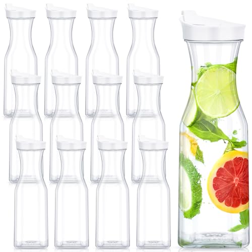 Kritkin 12 Square Plastic Water Carafe, 34 Ounce Large Water Bottles with Flip Tops, Clear Plastic Bottles for Home Bars Restaurants, Iced Tea, Juice, Lemonade, Milk, Cold Brew