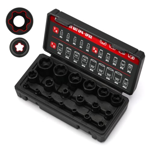 CASOMAN 19PCS External Torx Plus Socket Set 6 & 5 Point EP Sockets EP4-EP32 with 1/2 3/8 & 1/4 Dr. EP8.8 Compatible with Tesla Cr-V Steel