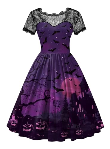 Vampir Kostüm Damen Party Tief Rückenausschnitt Schwarz Spitzenkrägen Kleid A Linie Elegant Weich Cocktailkleid Violett XL