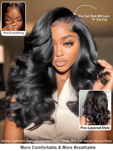 Image of Sunber Feathered Layer Side Part Wig 13x4 HD Lace Front 26' Human Hair Wig | 200% Density Pre Cut Pre Plucked Bleached Knots Loose Body Wave Glueless Human Hair Wig Silicone Strips Drawstring Ready Wear