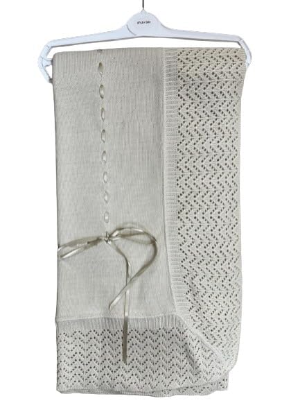New Adorable Baby Blanket Spanish Knitted Shawl with Ribbon: Soft and Stylish Wrap for Your Little One (Beige)