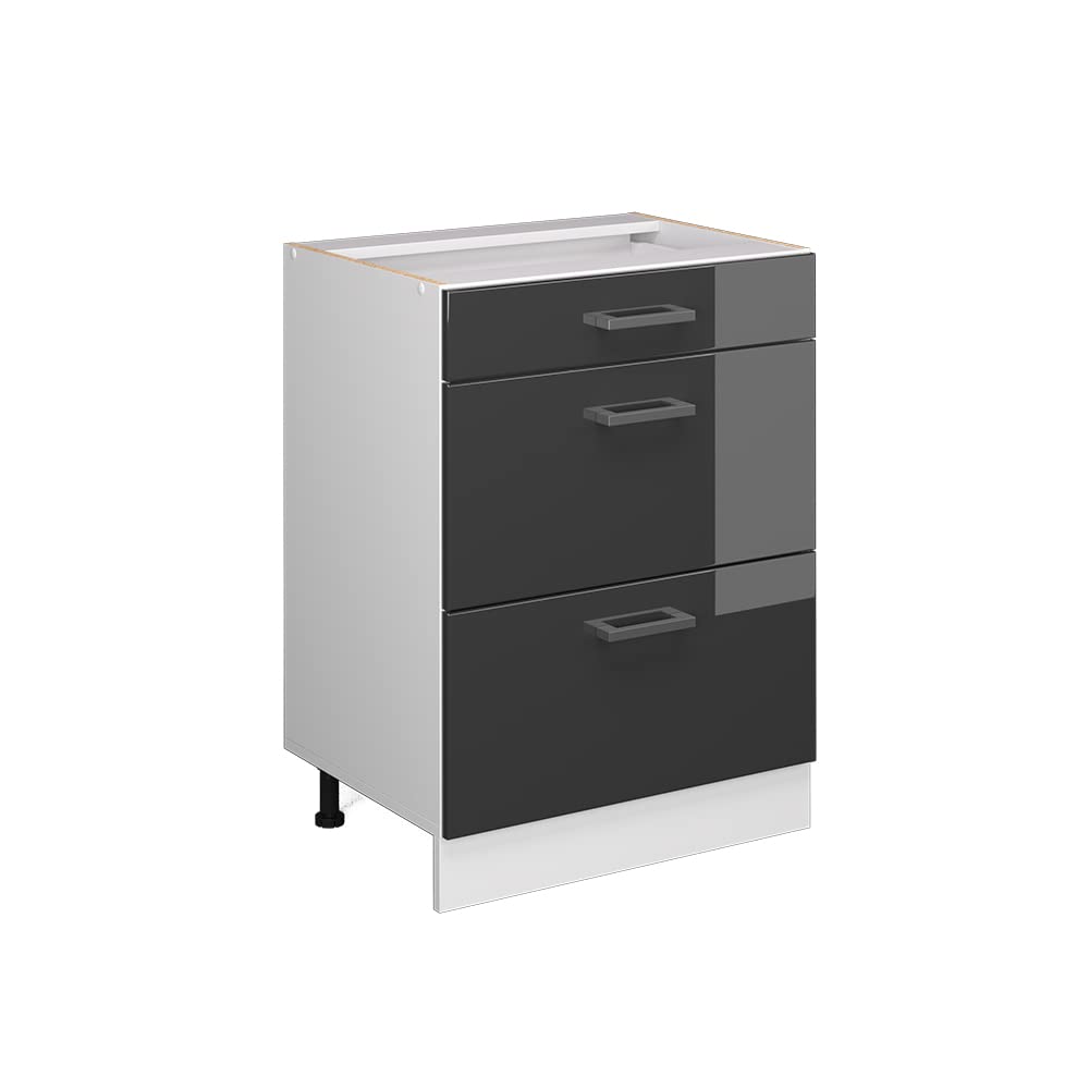 Vicco Mobiletto base per cucina R-Line, Antracite lucido, 60 cm con cassetti, senza piano di lavoro, per la libera combinazione all'interno di sistemi cucina modulari