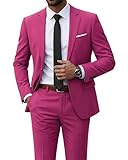 YND Men's 2 Piece Suit with Tie, 2 Button Slim Fit Solid Jacket and Pants Set, Suits for Men at Prom Party Wedding & Business, Fuchsia