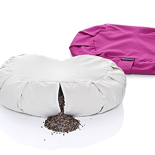BODYMATE Halbmond Yogakissen 42cm lang 30cm breit und 15cm hoch Pink mit Buchweizen-Spelz Füllung – Maschinenwaschbarer Bezug aus 100% extra dicker Baumwolle – Meditationskissen – Sitzkissen