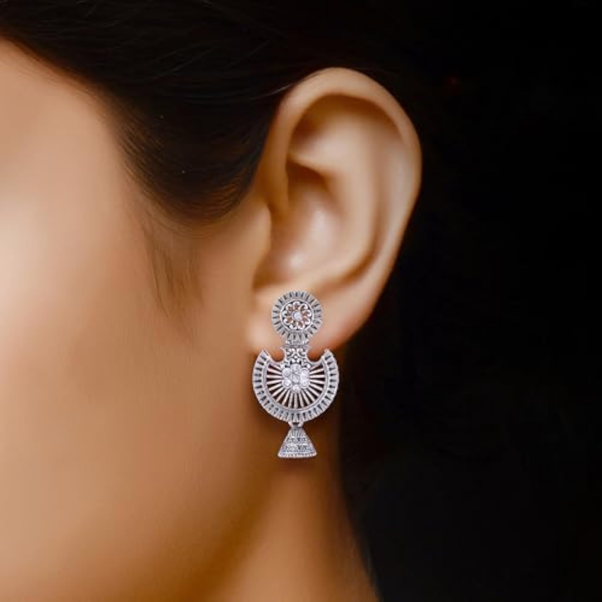 Women's Oxidised Silver Glamorous Jhumka Earrings with Pearl Accents