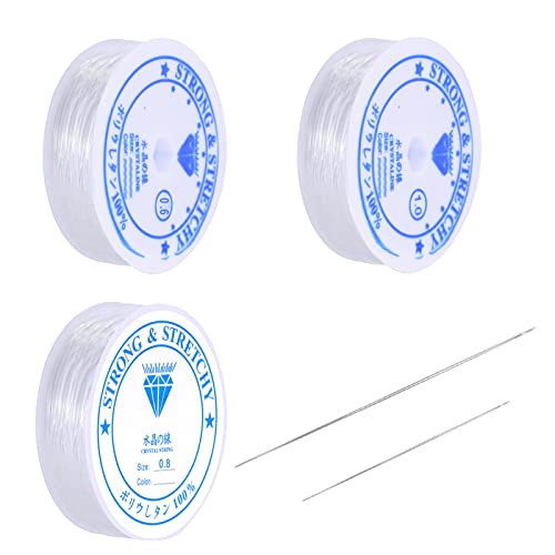 3 Rolls Clear Elastic Bracelet String, 0.6mm 0.8mm 1mm Elastic Bead Thread Transparent Strong Stretchy Crystal String Stretch Line with 2 Bead Needle for DIY Craft Jewellery Making Necklace Beading