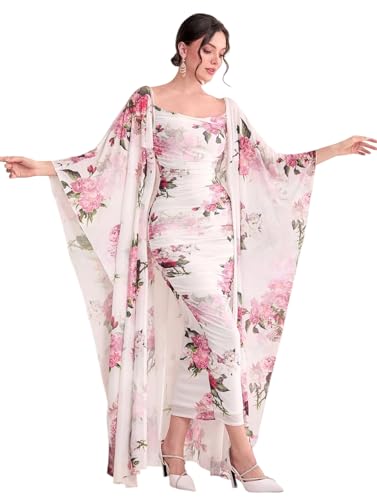 Image of LITZO Women's One Piece Dress - Georgette Floral Printed Western Dress for Women | Round Neck Bodycon Dress & Open Front Coat Casual Wear for Events, Date & Evening Look (NO-32-34)