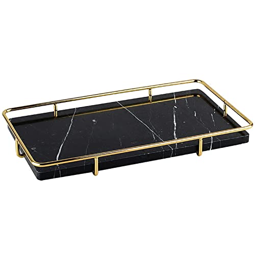 PuTwo Decorative Tray Black Marble Tray with Polished Gold Metal Handles Jewelry Tray Handmade Catchall Vanity Tray for Dresser Bathroom Vanity Table Bar Ideal Gift for Birthday Christmas - Black