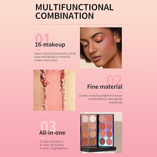 RoseFlower 16 Farben Rouge Palette mit Pinsel, Concealer Foundation Palette, Farbkorrigierende Concealer Creme, All-in-One Mischbares Mattes Blush Pulver Highlighter und Creme Kontur Palette Make-up