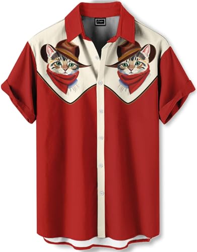 DADDYLOCO Cat Print Button-Down Shirt, Red and Cream, Short Sleeve, Regular Fit