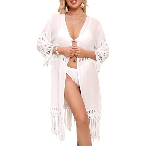 Baynetin Vestido de Playa Mujer Cárdigan Bikini Cover Up Color Sólido,Ropa de Baño Suelto Vestido Sexy Casual Hueco Traje (Blanco, M)