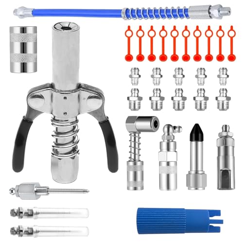 31 Stück Fettpresse Adapter Set, Eisen, mit 30cm Schlauch Fettpresse und Aufsatz Schmierpresse Anschluss 8 Typen, Vielseitige Produkte, Passend für die Meisten Fettpressentypen (Silber)